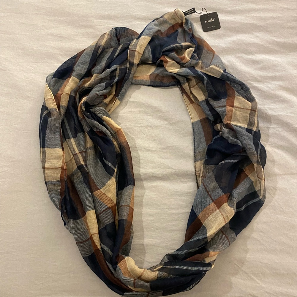 Women's Plaid Infinity Scarf - Blue and Brown